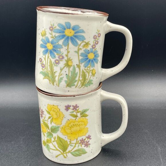 Vintage Otagiri Wildflower Coffee Tea Mugs Japan Yellow & Blue Daisy Speckled - Picture 1 of 7